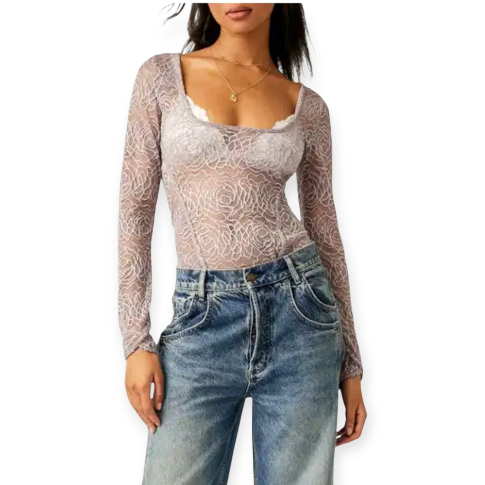 Free People Sheer Lace Floral Bodysuit in Light Gray